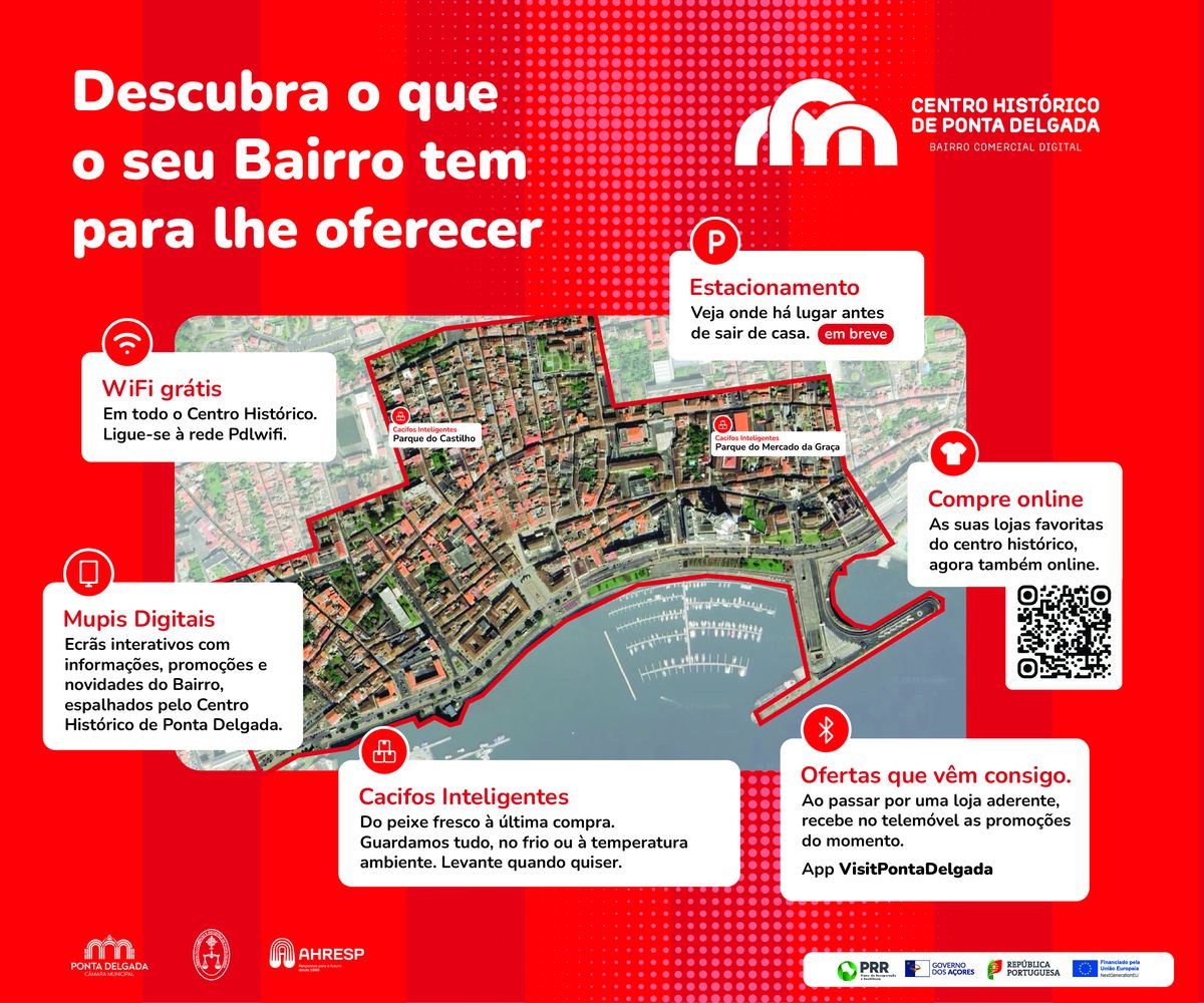Lona central do stand do Bairro Comercial Digital na FICSA 2026, com convite para descobrir o que o Bairro oferece