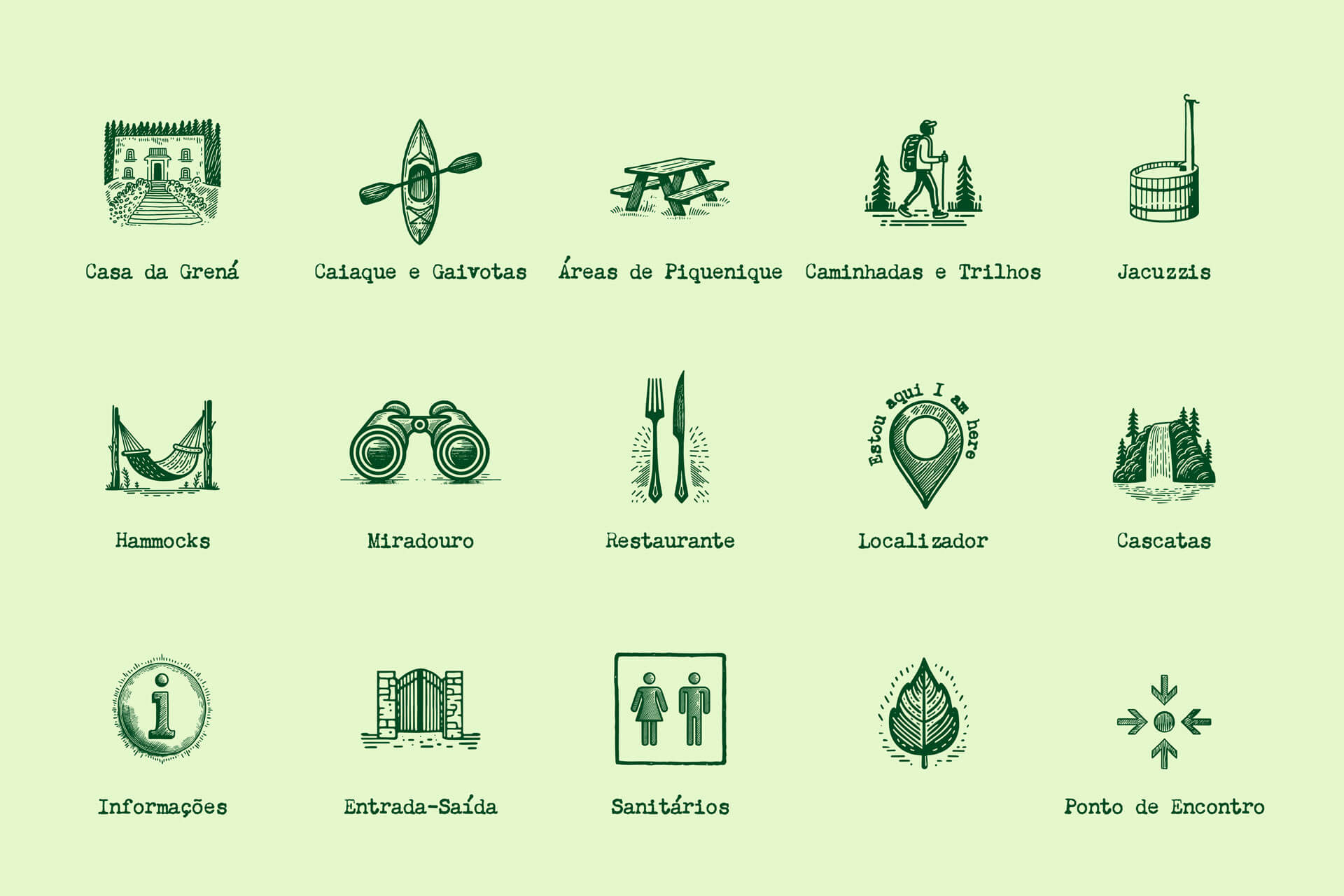 Sistema de iconografia ilustrada do Parque Grená - ícones para caiaques, jacuzzis, trilhos, cascatas e outras atividades