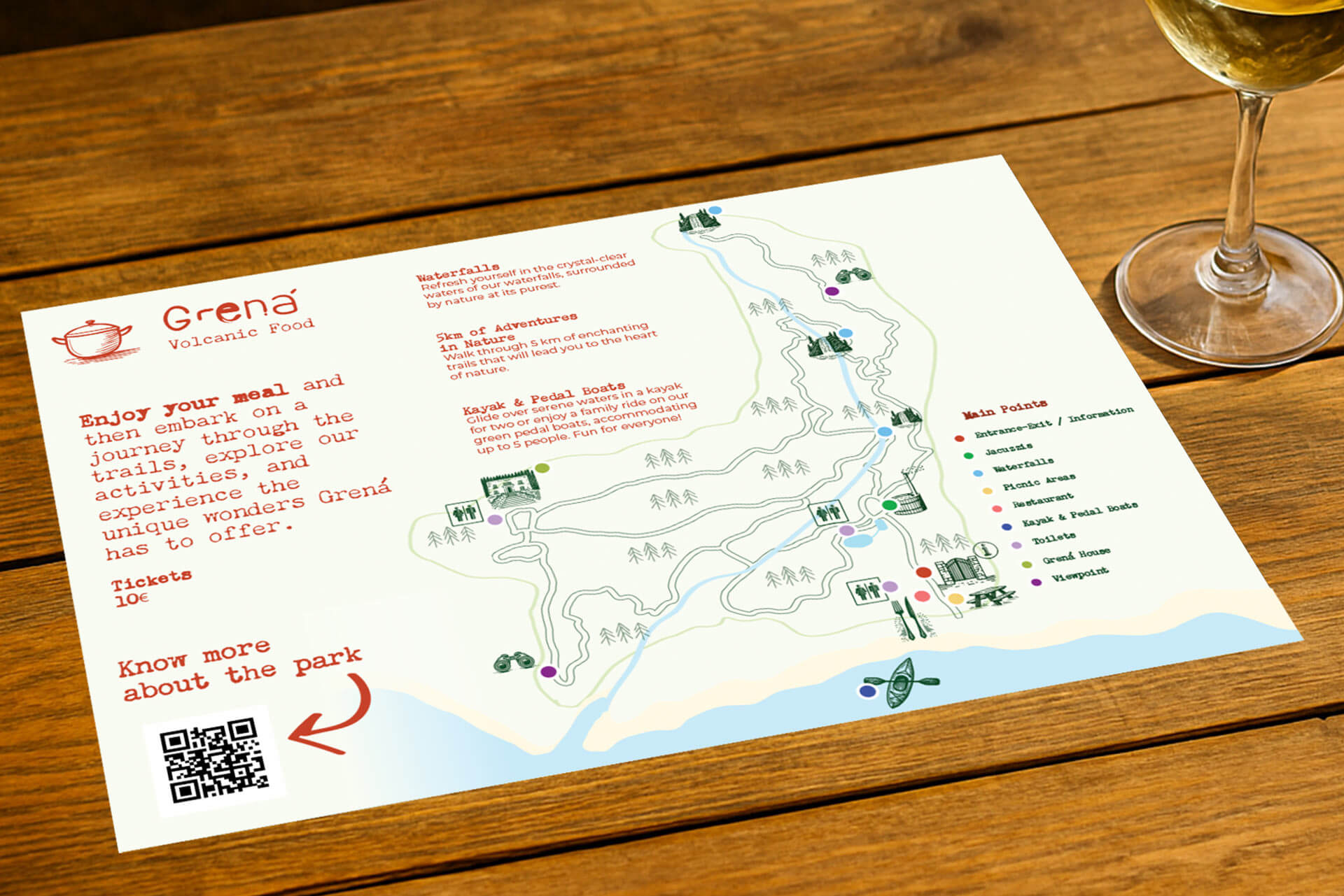 Individual de mesa ilustrado do restaurante Volcanic Foods - funciona também como mapa do Parque Grená