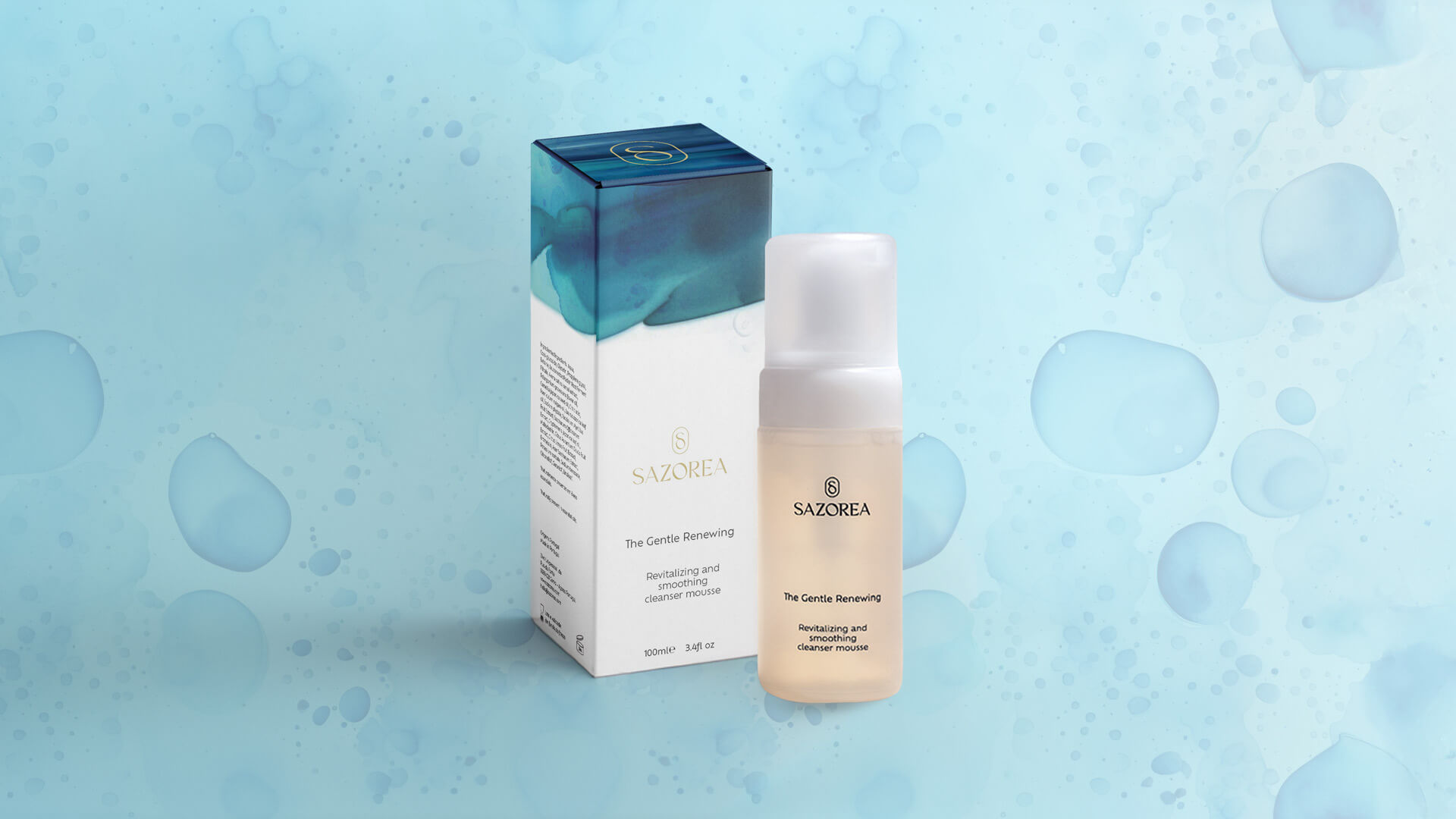 Embalagem The Gentle Renewing - espuma de limpeza Sazorea com design azul