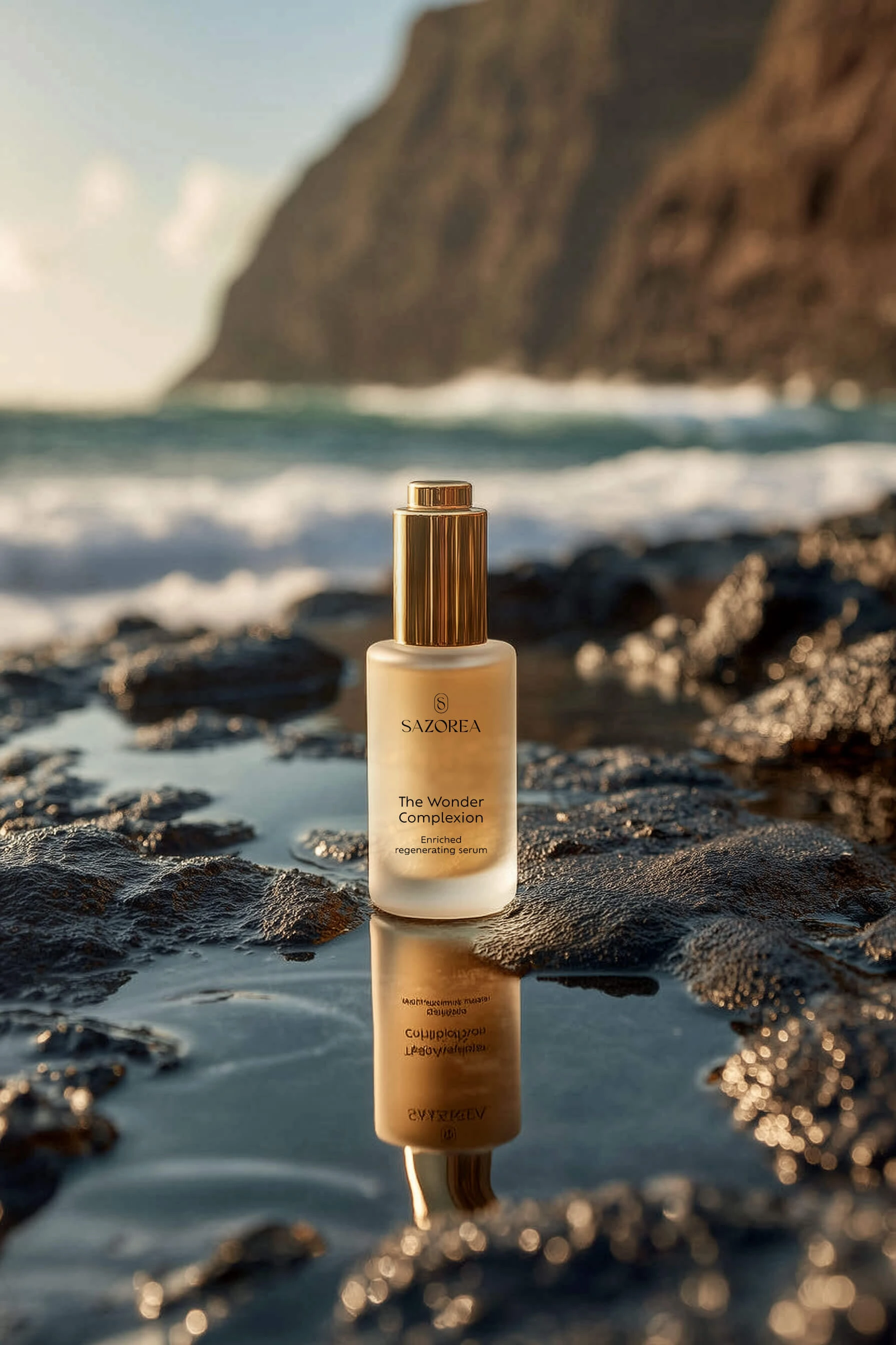 Sérum Sazorea The Wonder Complexion sobre rochas vulcânicas com o mar dos Açores em fundo