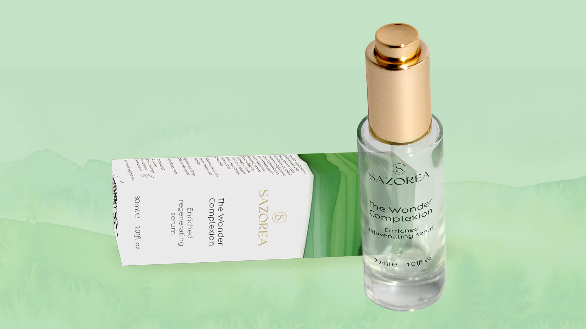 Embalagem The Wonder Complexion - sérum regenerador Sazorea com design verde